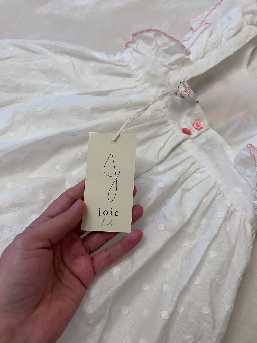 Joie White Eyelet Dress with embroidery Pink Trim and Floral Accent - Picture 3 of 4
